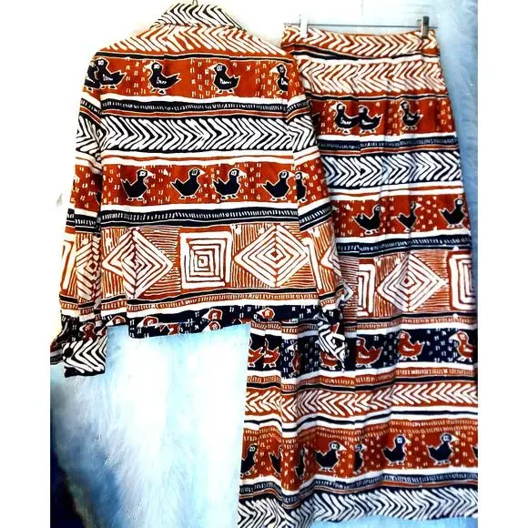Vintage 90s Tribal Ethnic Bird Print Jacket & Button Front Maxi Skirt Set Boho - Picture 5 of 9